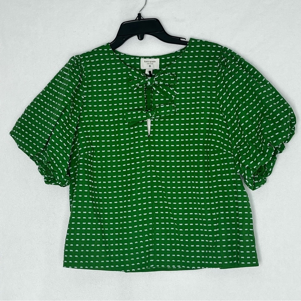 NWT Kate Spade Blouse Textured Polka Dot Bow Front Puff Sleeve Green Top Size L - Picture 9 of 9